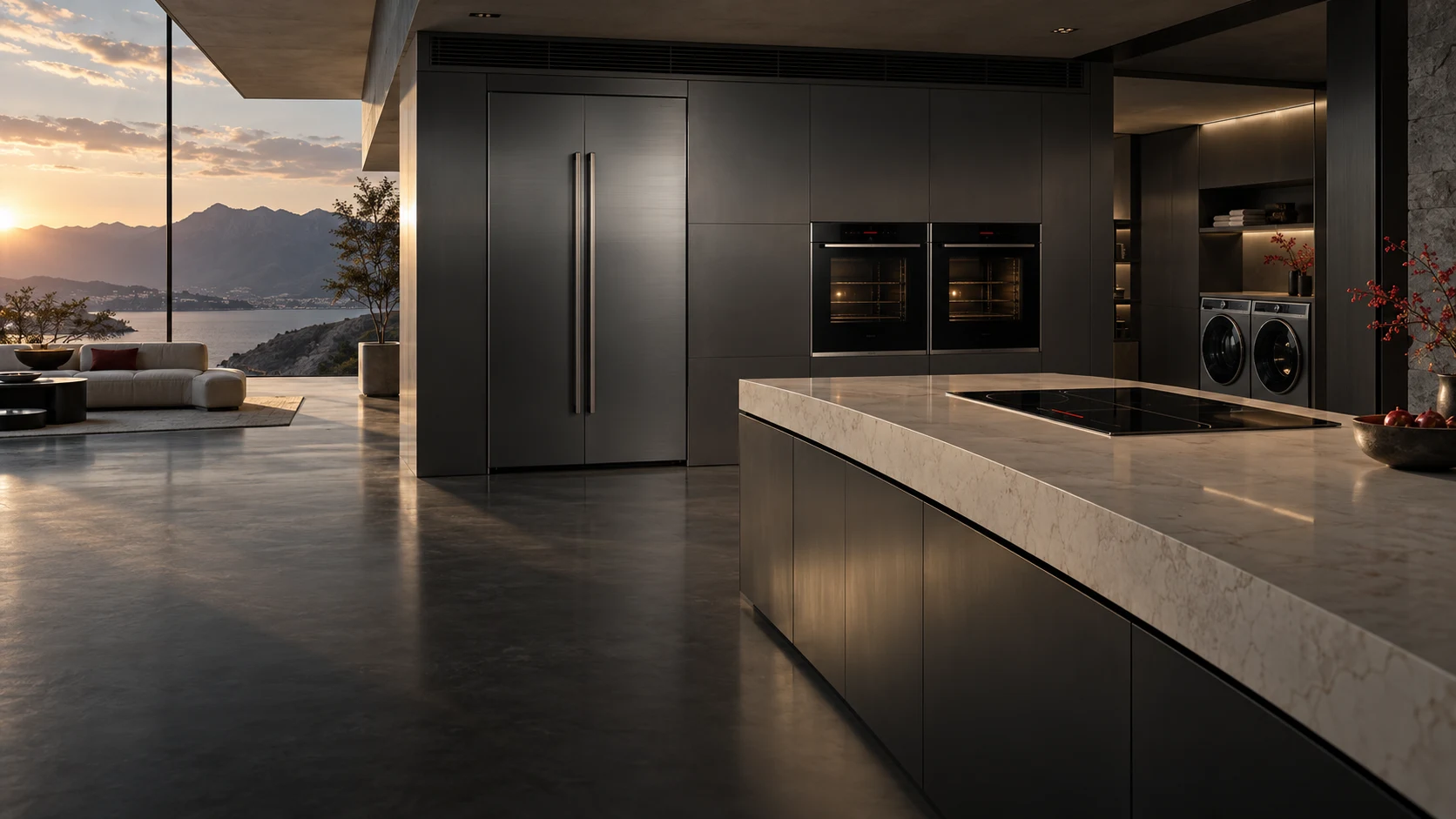 Design visualization of a minimal graphite kitchen with integrated refrigeration, ovens, induction cooking, and a laundry recess